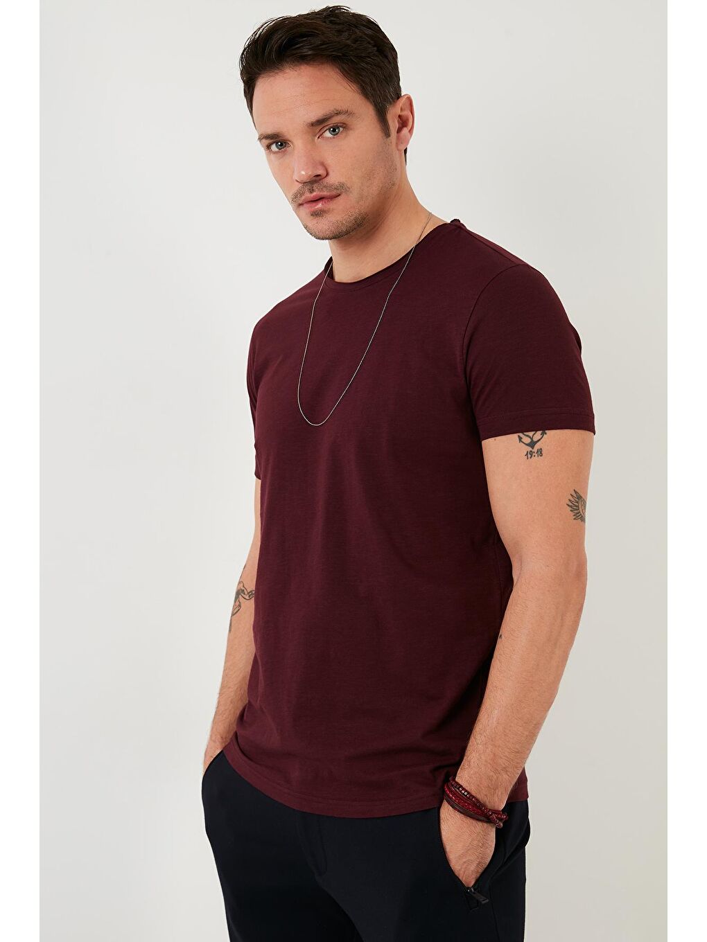 Bordo Bisiklet Yaka %100 Pamuk Slim Fit Basic Tişört 59020001-3