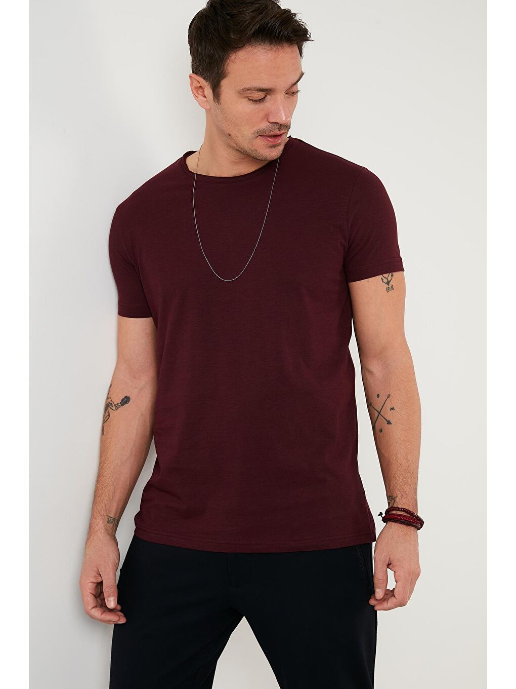 Bordo Bisiklet Yaka %100 Pamuk Slim Fit Basic Tişört 59020001-4