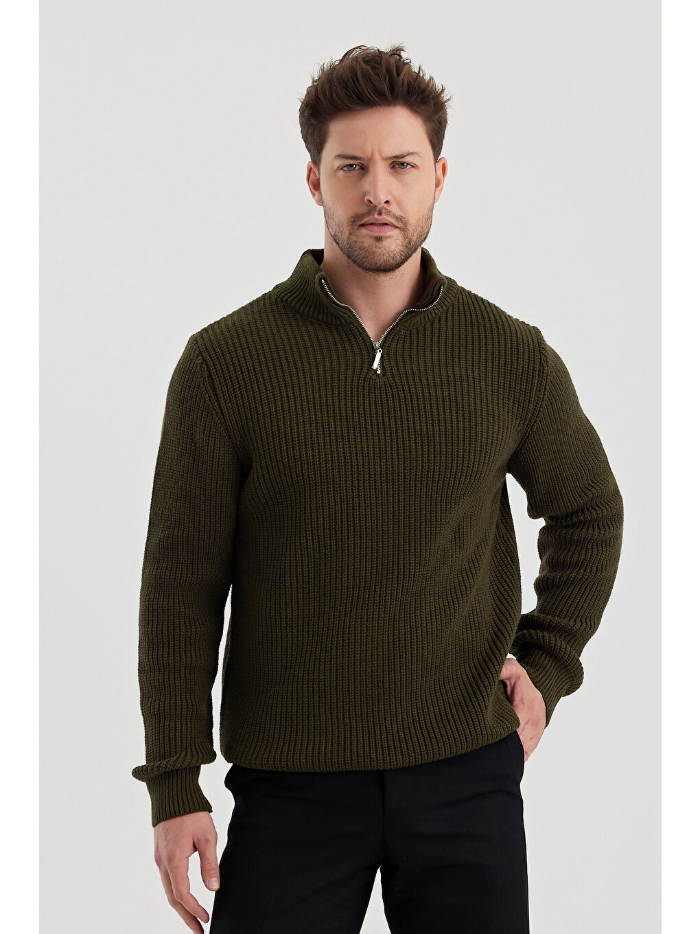 Haki Erkek  Fermuarlı Balıkçı Triko Kazak-1