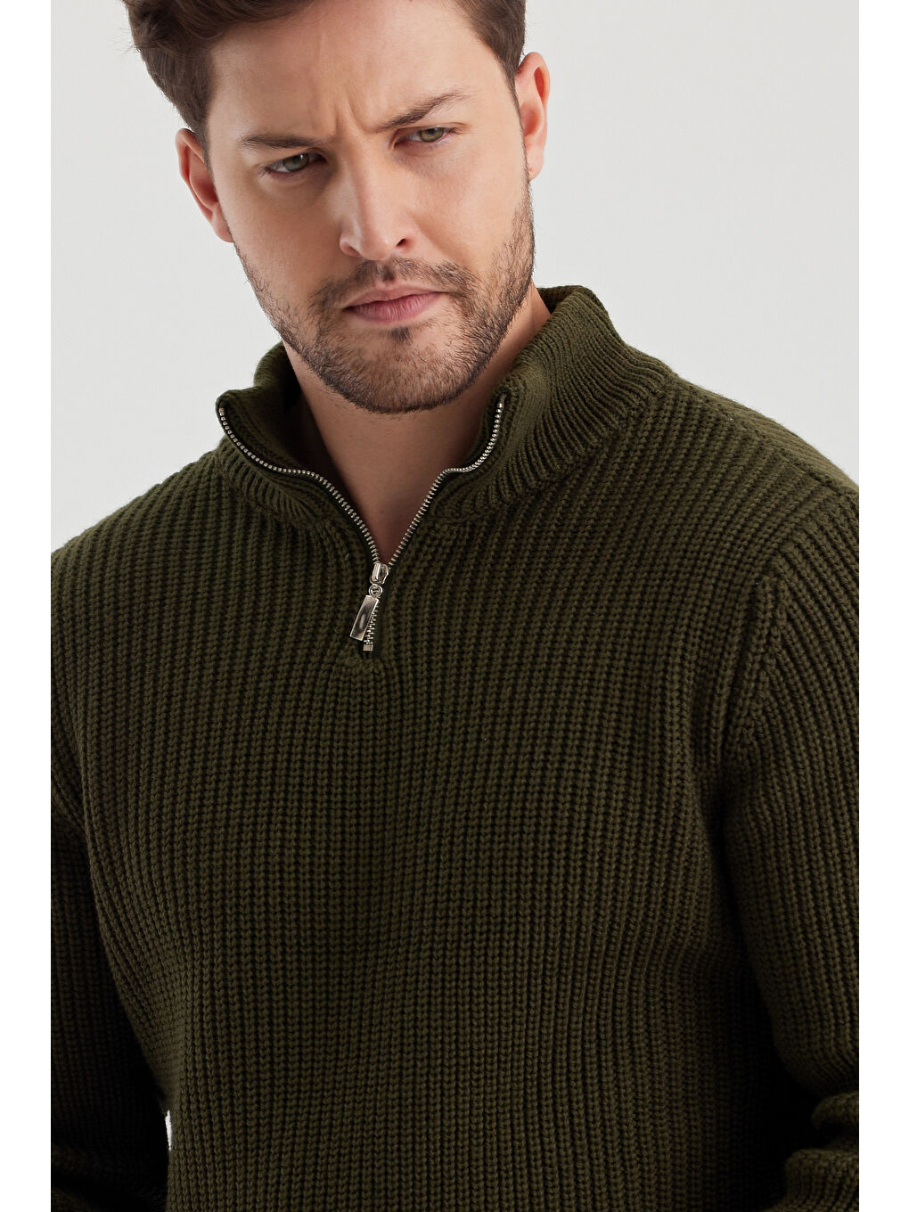 Haki Erkek  Fermuarlı Balıkçı Triko Kazak-2
