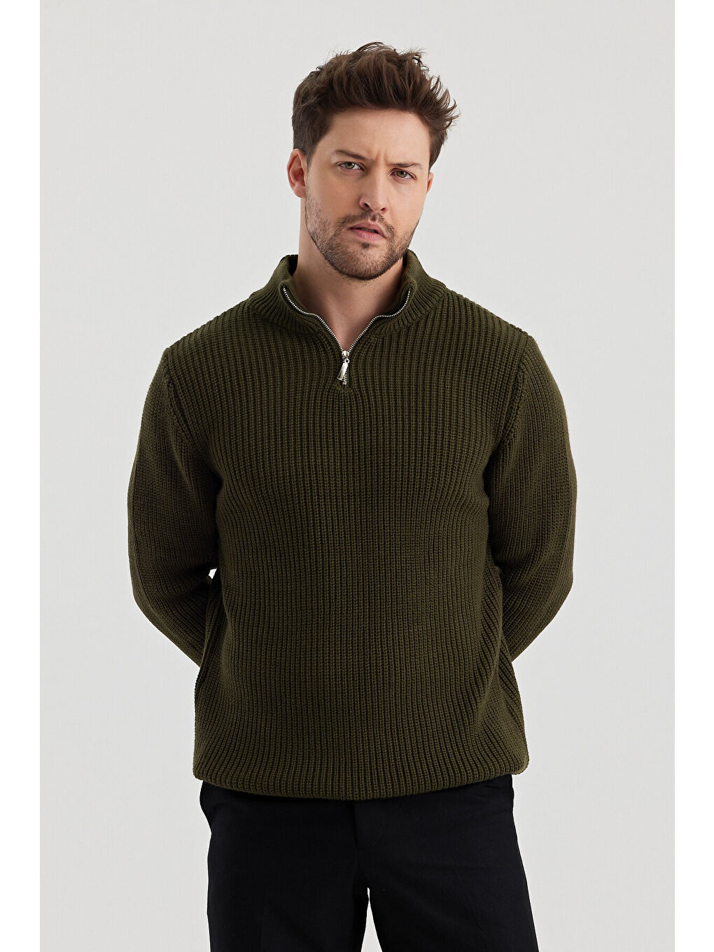 Haki Erkek  Fermuarlı Balıkçı Triko Kazak-3