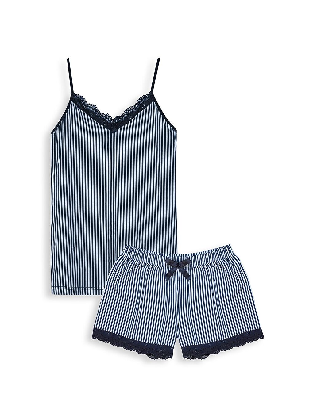 Lacivert Pamuklu Desenli İnce Askılı V Yaka Atlet ve Şort Kadın Pijama Takım