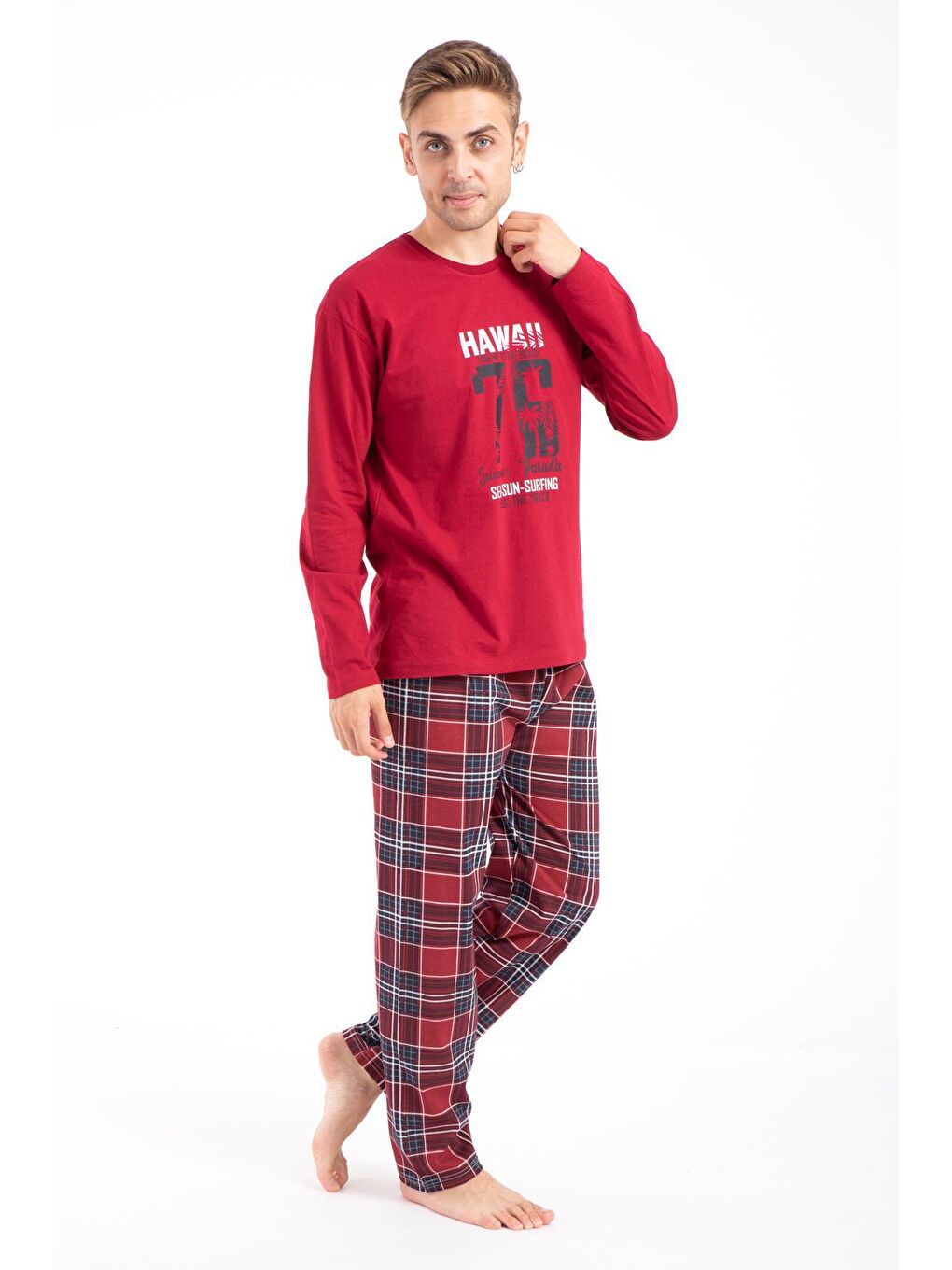 TAMPAP Bordo Erkek Baskılı Pijama Takımı Uzun Kollu 2170