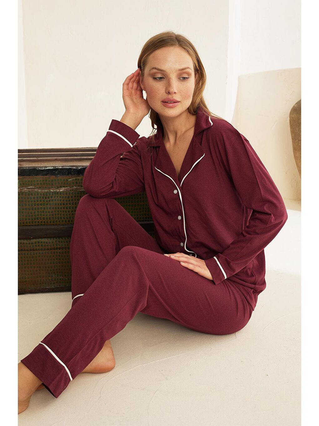 Mor Pamuklu Düğmeli Biyeli Pijama Takım