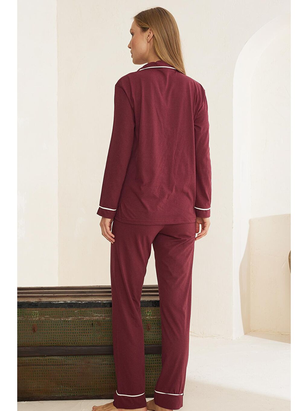 Mor Pamuklu Düğmeli Biyeli Pijama Takım-2