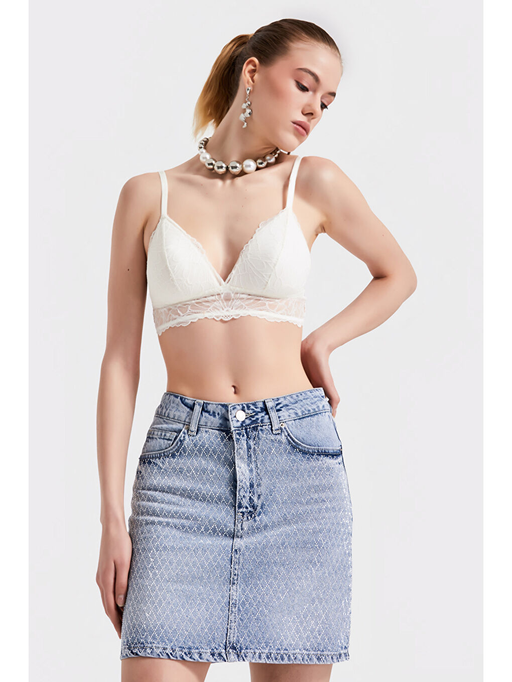 Mavi Kadın Jean Renk T4S5-67 Parlak Taşlı Tasarım Denim Etek