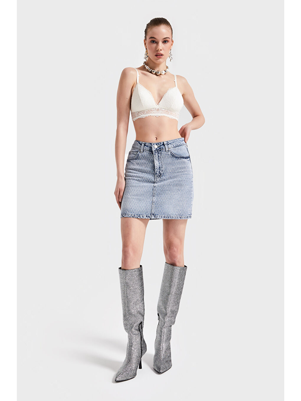 Mavi Kadın Jean Renk T4S5-67 Parlak Taşlı Tasarım Denim Etek-3