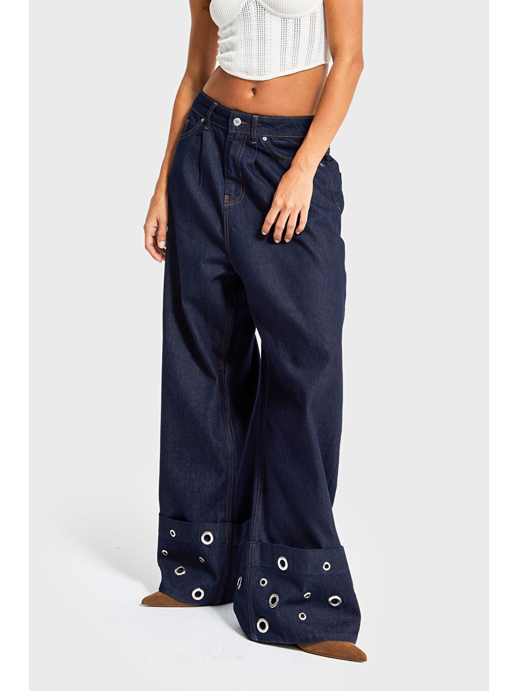 Kadın İndigo Renk 7w5-50 Süper Baggy Fit Özel Viskon Kumaş Kuş Gözü Detaylı Denim Jean-2