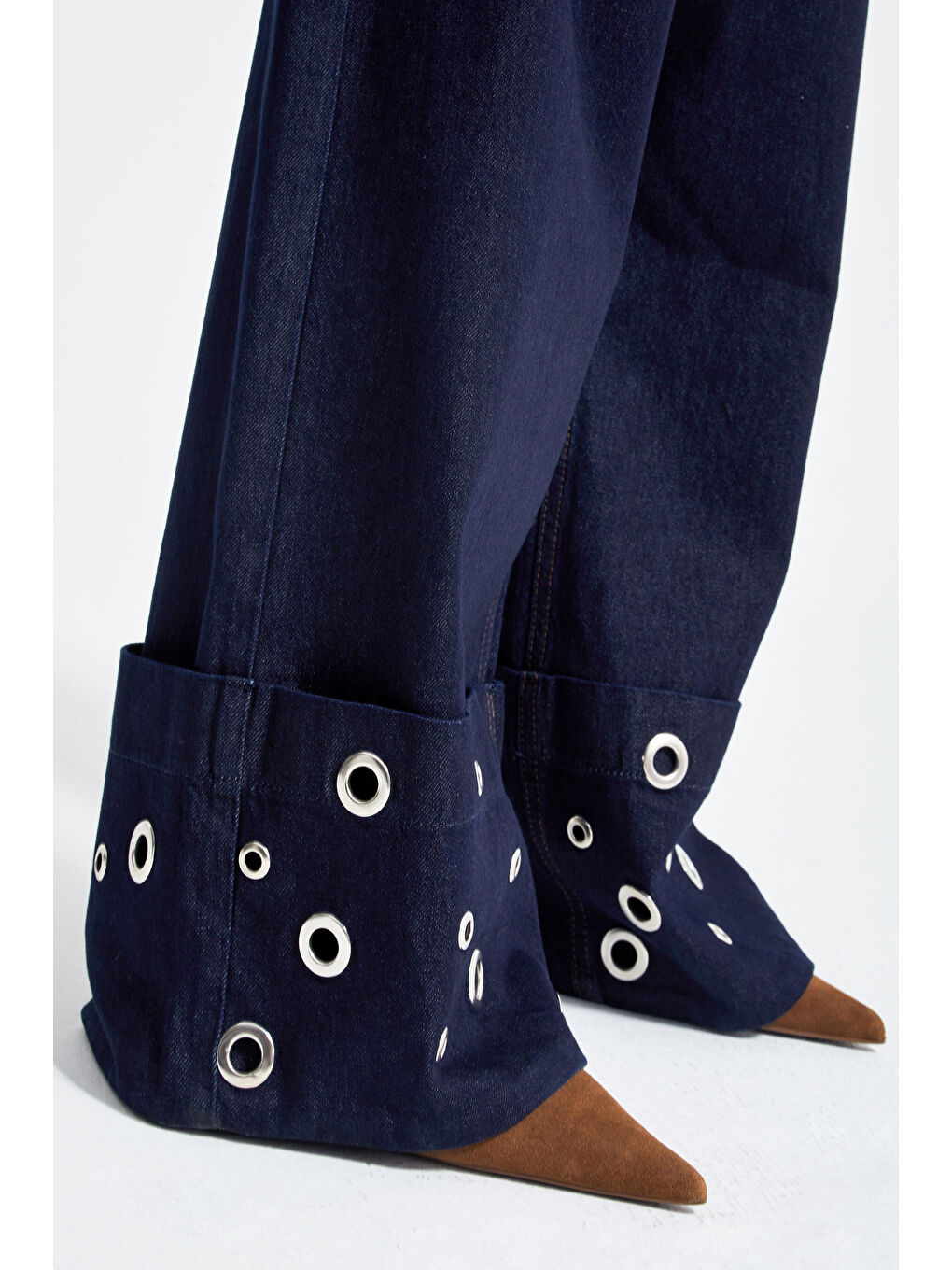 Kadın İndigo Renk 7w5-50 Süper Baggy Fit Özel Viskon Kumaş Kuş Gözü Detaylı Denim Jean-5