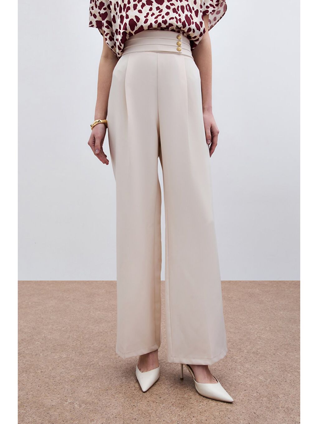 Bej Bel Detaylı Pantolon - Taş-5