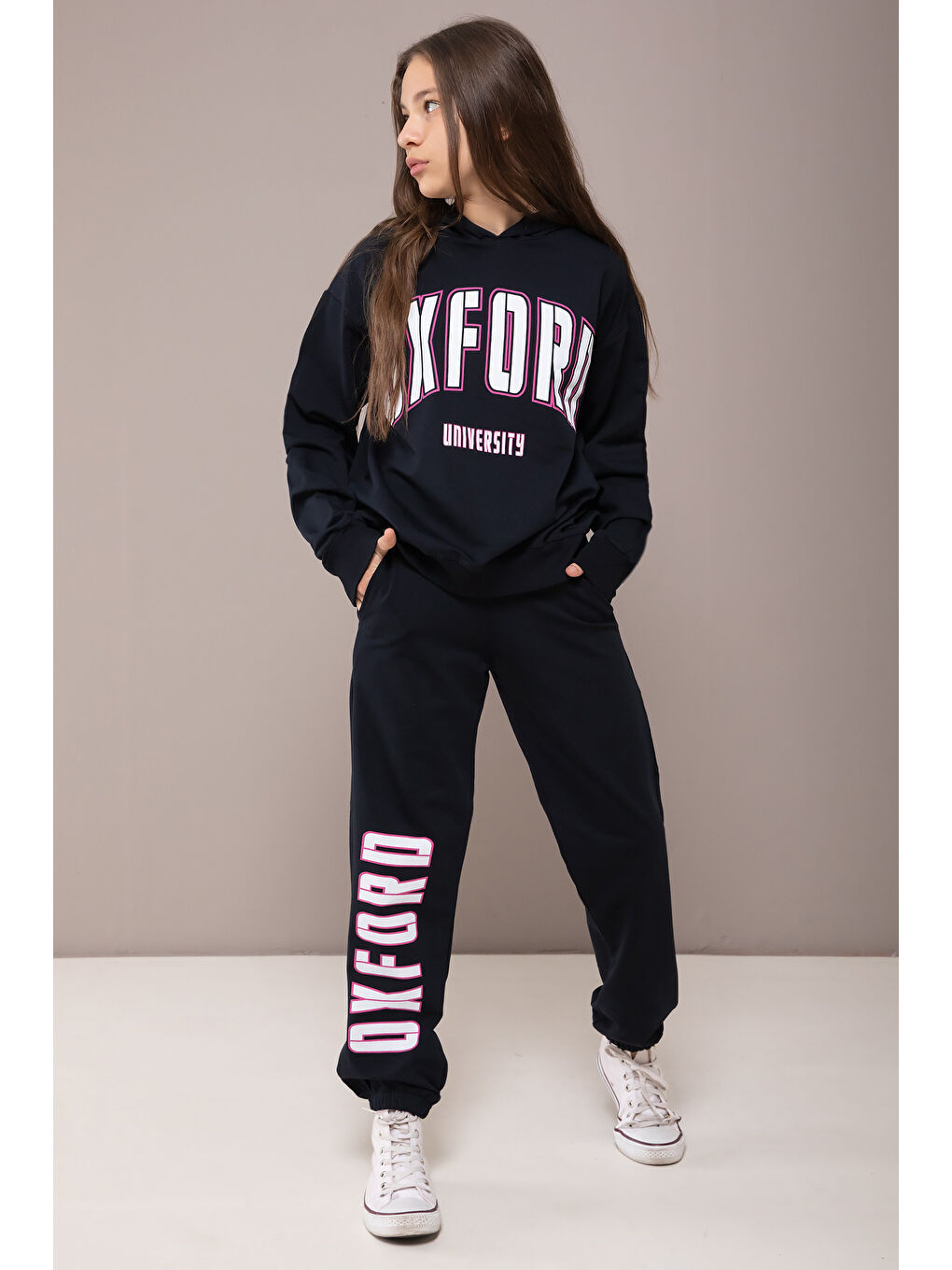 Lacivert Oxford Baskılı Kapüşonlu Kız Çocuk Eşofman Takımı 19821-1