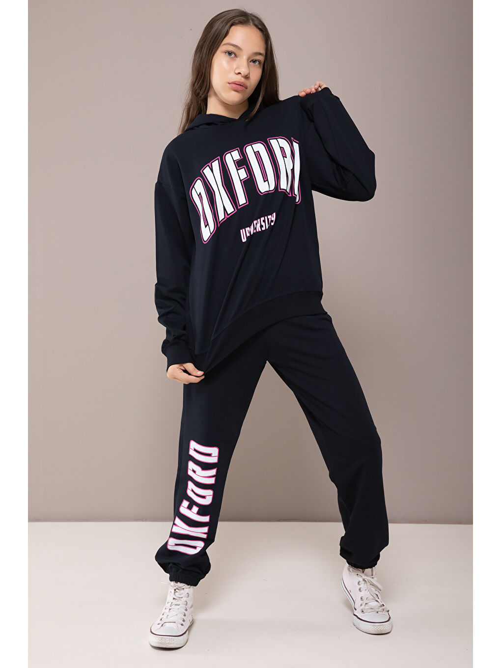 Lacivert Oxford Baskılı Kapüşonlu Kız Çocuk Eşofman Takımı 19821-2