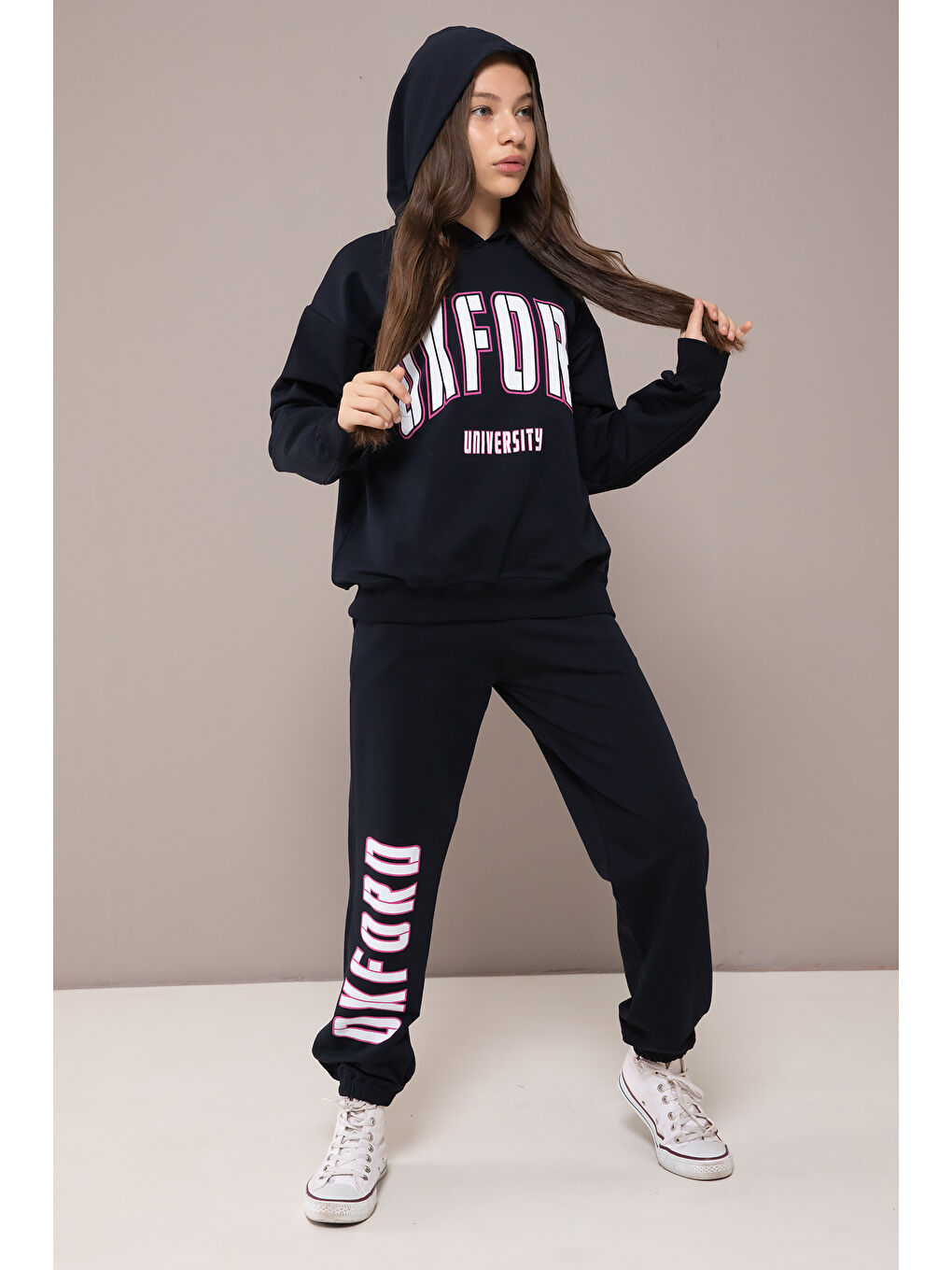 Lacivert Oxford Baskılı Kapüşonlu Kız Çocuk Eşofman Takımı 19821-3