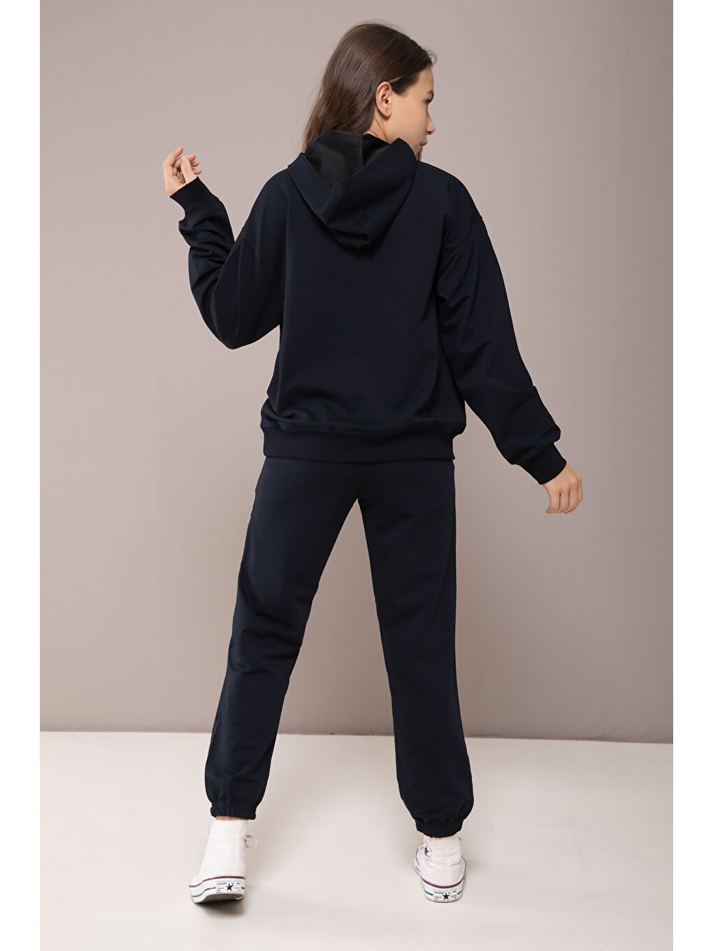 Lacivert Oxford Baskılı Kapüşonlu Kız Çocuk Eşofman Takımı 19821-4