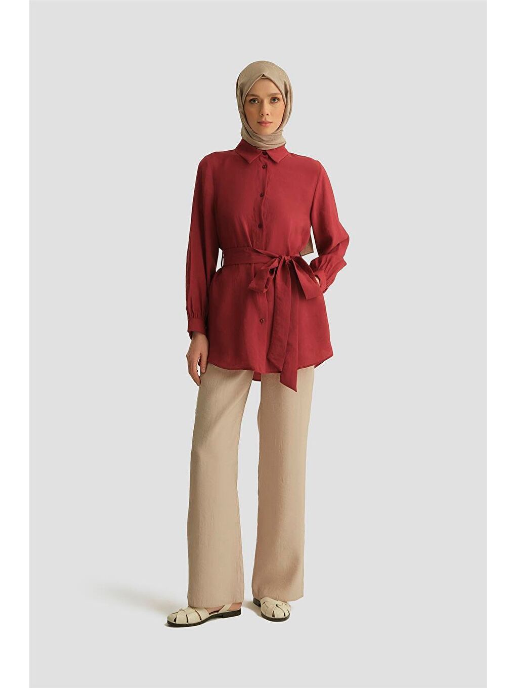 Kemerli Modal Tunik 25Yd4224-1 Bordo