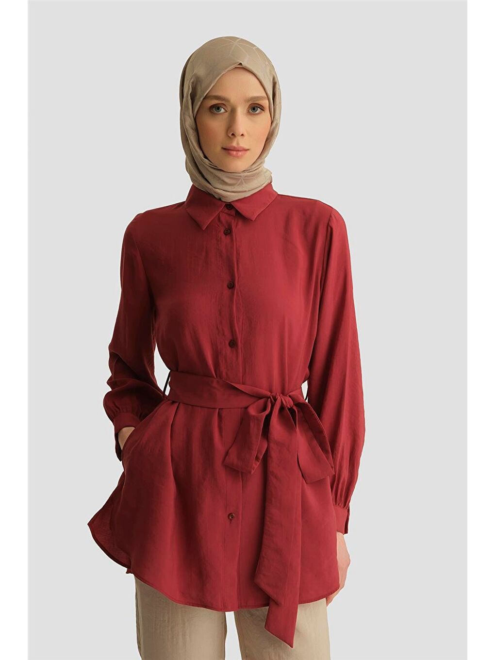 Kemerli Modal Tunik 25Yd4224-1 Bordo-1