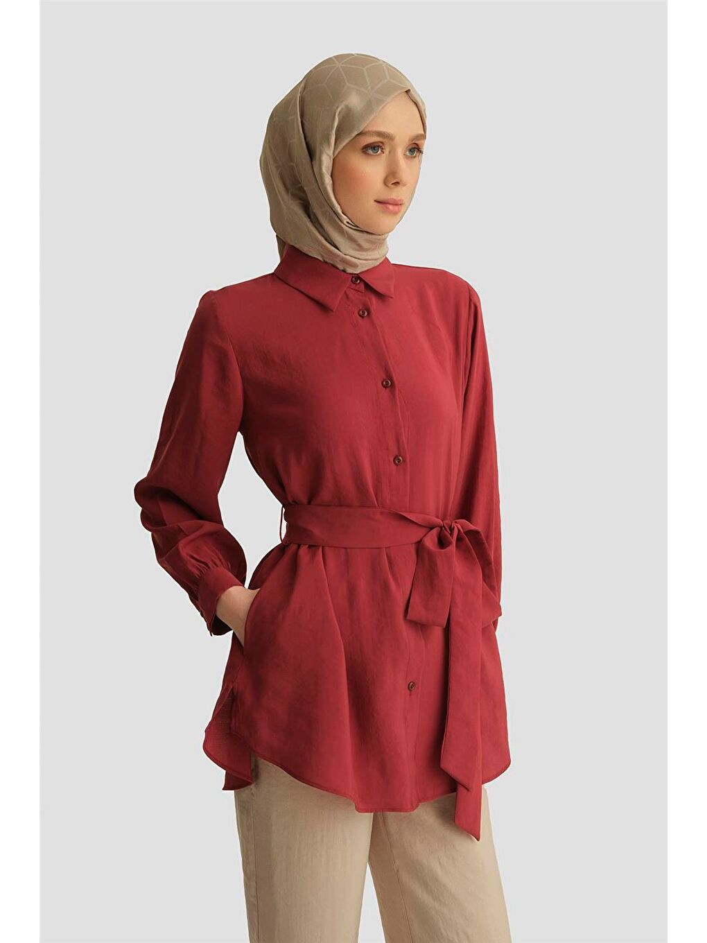 Kemerli Modal Tunik 25Yd4224-1 Bordo-3