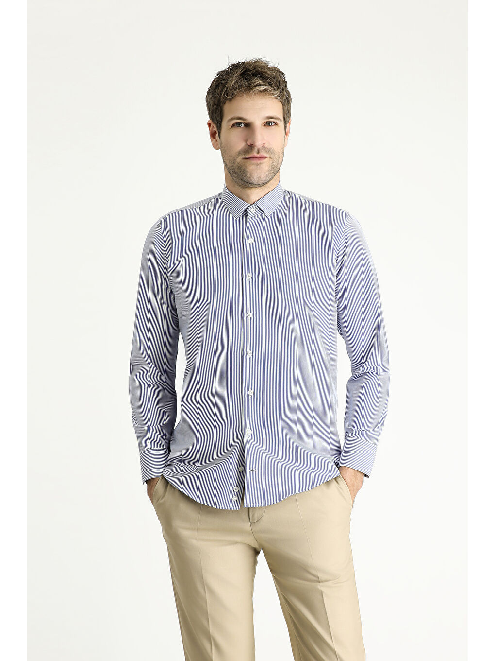 Lacivert Uzun Kol Slim Fit Dar Kesim Çizgili Pamuklu Kolay Ütülenebilir Gömlek-2