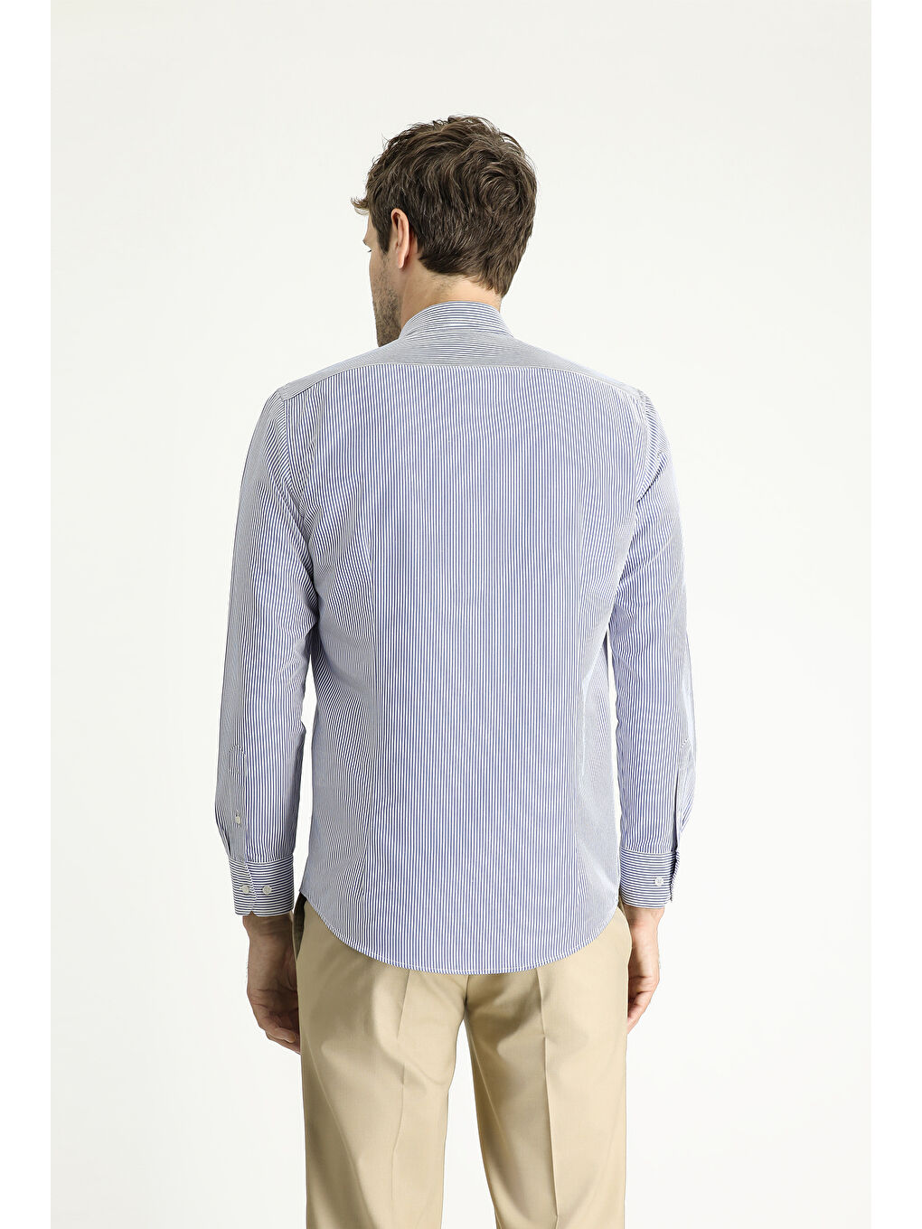 Lacivert Uzun Kol Slim Fit Dar Kesim Çizgili Pamuklu Kolay Ütülenebilir Gömlek-3