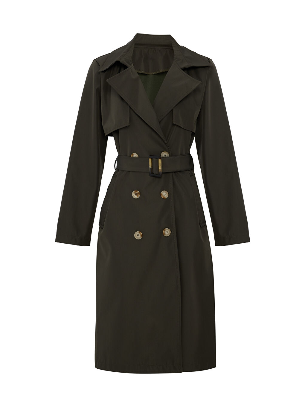 Düz Renk Cepli Kemerli Düğme Detaylı Astarsız Trençkot Koyu Haki