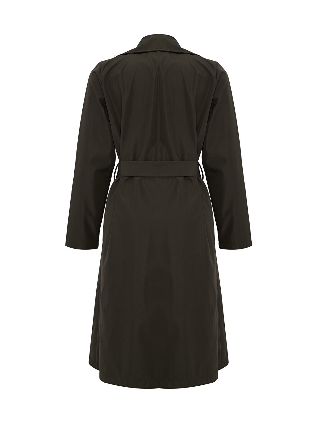 Düz Renk Cepli Kemerli Düğme Detaylı Astarsız Trençkot Koyu Haki-1