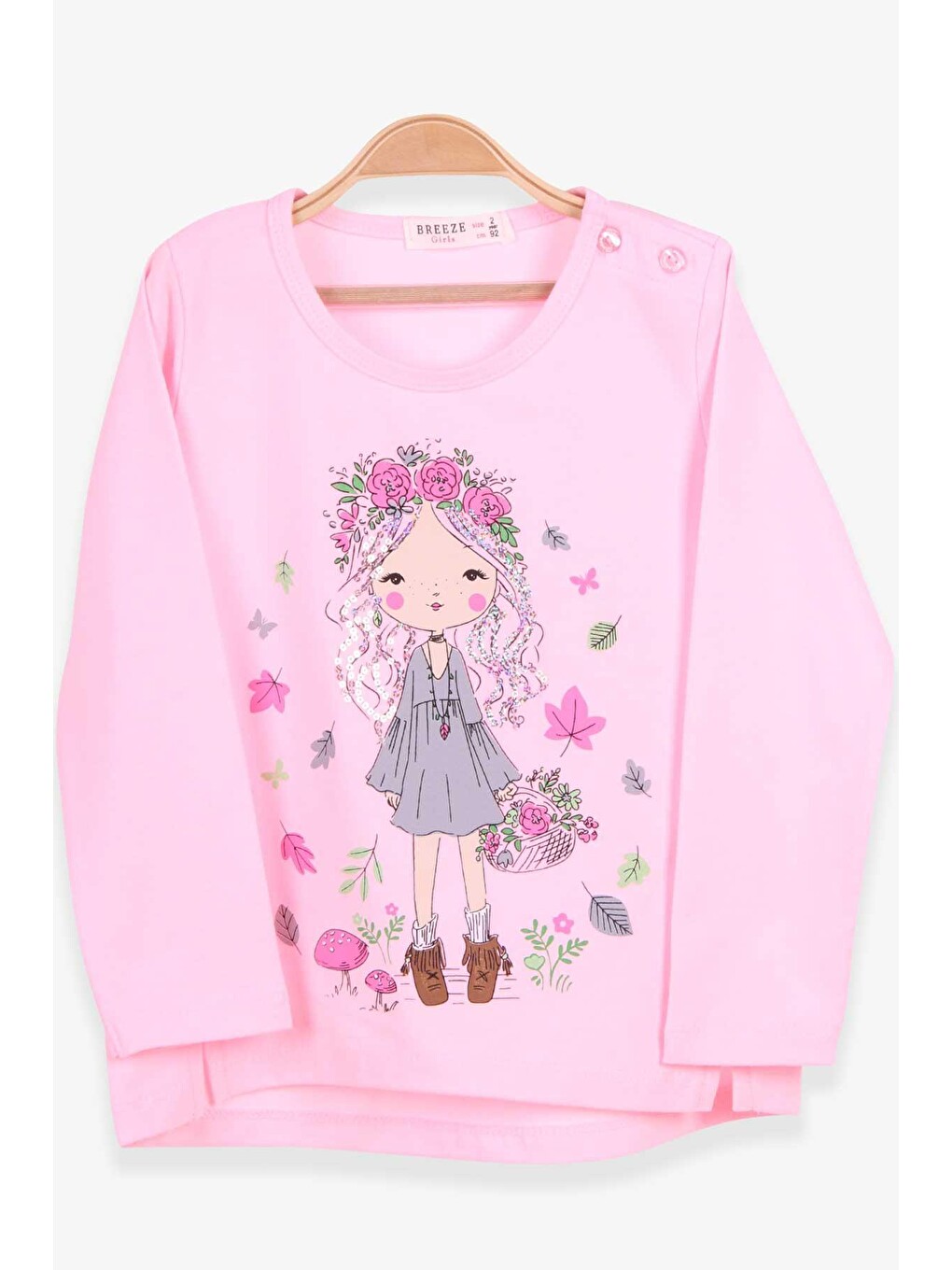 Pembe Kız Bebek Uzun Kollu Tişört Kız Çocuk Baskılı Pudra (2 Yaş)