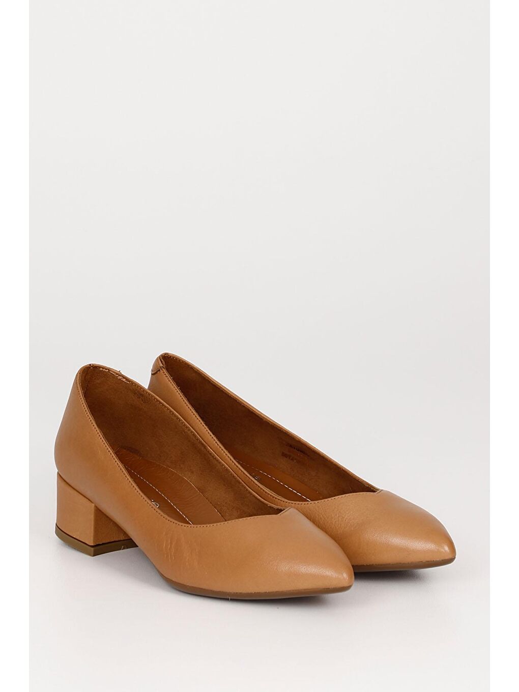 Kahverengi TABA  Hakiki Deri Sivri Burun Kısa Kalın Topuklu Kadın Ayakkabı 25172-1