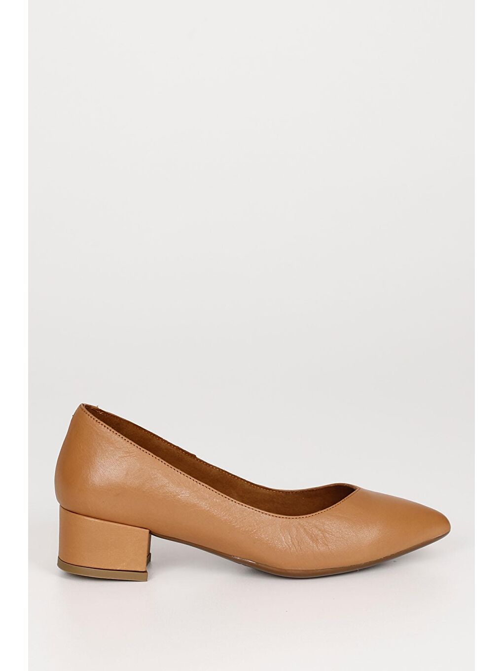 Kahverengi TABA  Hakiki Deri Sivri Burun Kısa Kalın Topuklu Kadın Ayakkabı 25172-3
