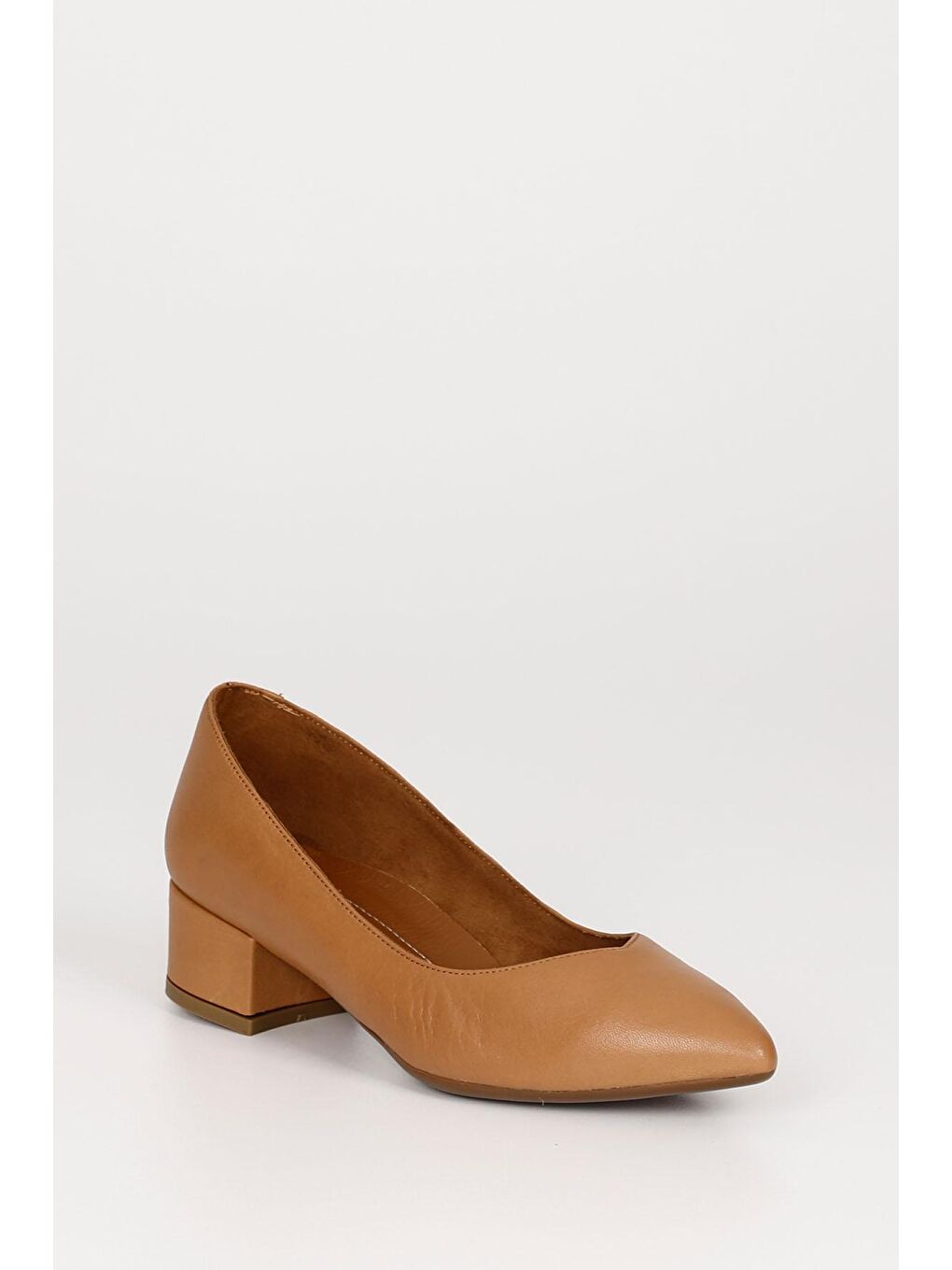 Kahverengi TABA  Hakiki Deri Sivri Burun Kısa Kalın Topuklu Kadın Ayakkabı 25172-4