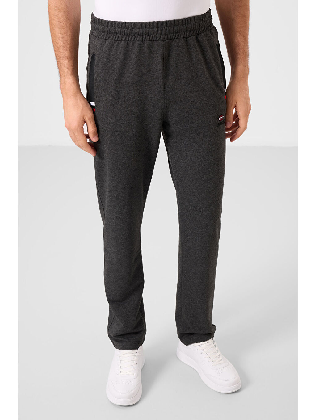 Antrasit Melanj - Siyah Fermuar Cepli Dar Kalıp Klasik Paça Erkek Eşofman Alt - 84649-1