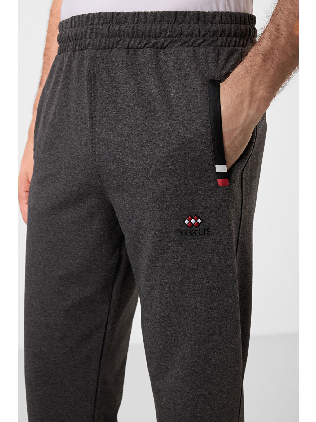 Antrasit Melanj - Siyah Fermuar Cepli Dar Kalıp Klasik Paça Erkek Eşofman Alt - 84649-2