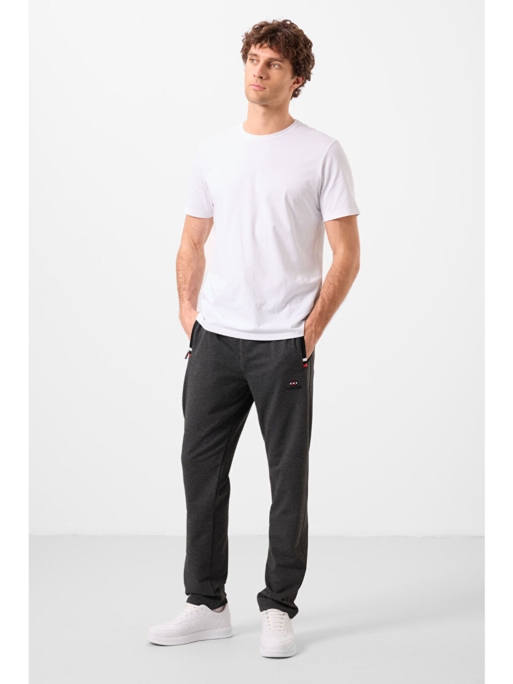 Antrasit Melanj - Siyah Fermuar Cepli Dar Kalıp Klasik Paça Erkek Eşofman Alt - 84649-3