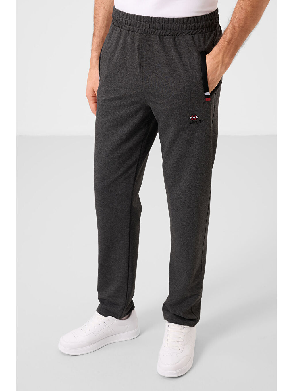 Antrasit Melanj - Siyah Fermuar Cepli Dar Kalıp Klasik Paça Erkek Eşofman Alt - 84649-4