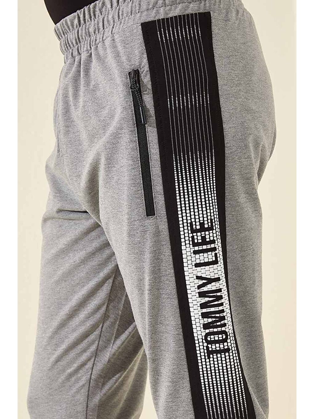 Gri Melanj Fermuar Cepli Baskılı Standart Kalıp Erkek Jogger Eşofman Altı- 84657-1