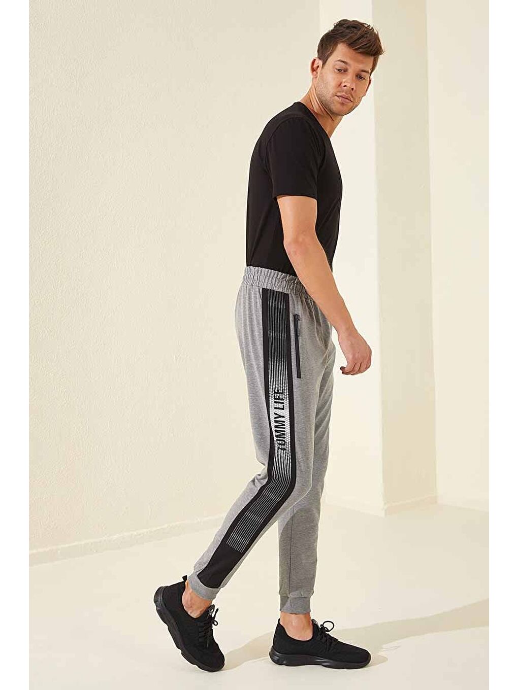 Gri Melanj Fermuar Cepli Baskılı Standart Kalıp Erkek Jogger Eşofman Altı- 84657-2