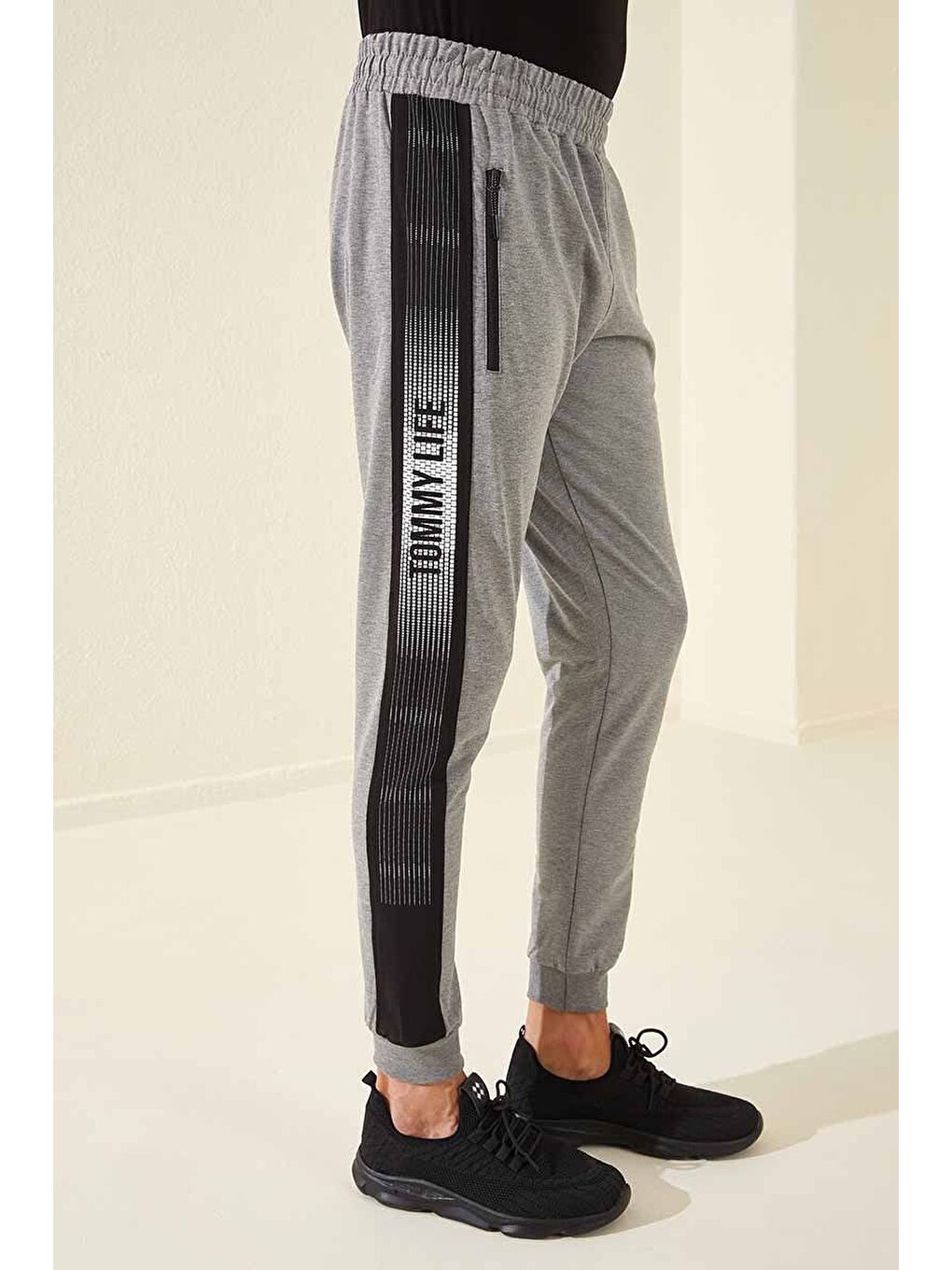 Gri Melanj Fermuar Cepli Baskılı Standart Kalıp Erkek Jogger Eşofman Altı- 84657-3