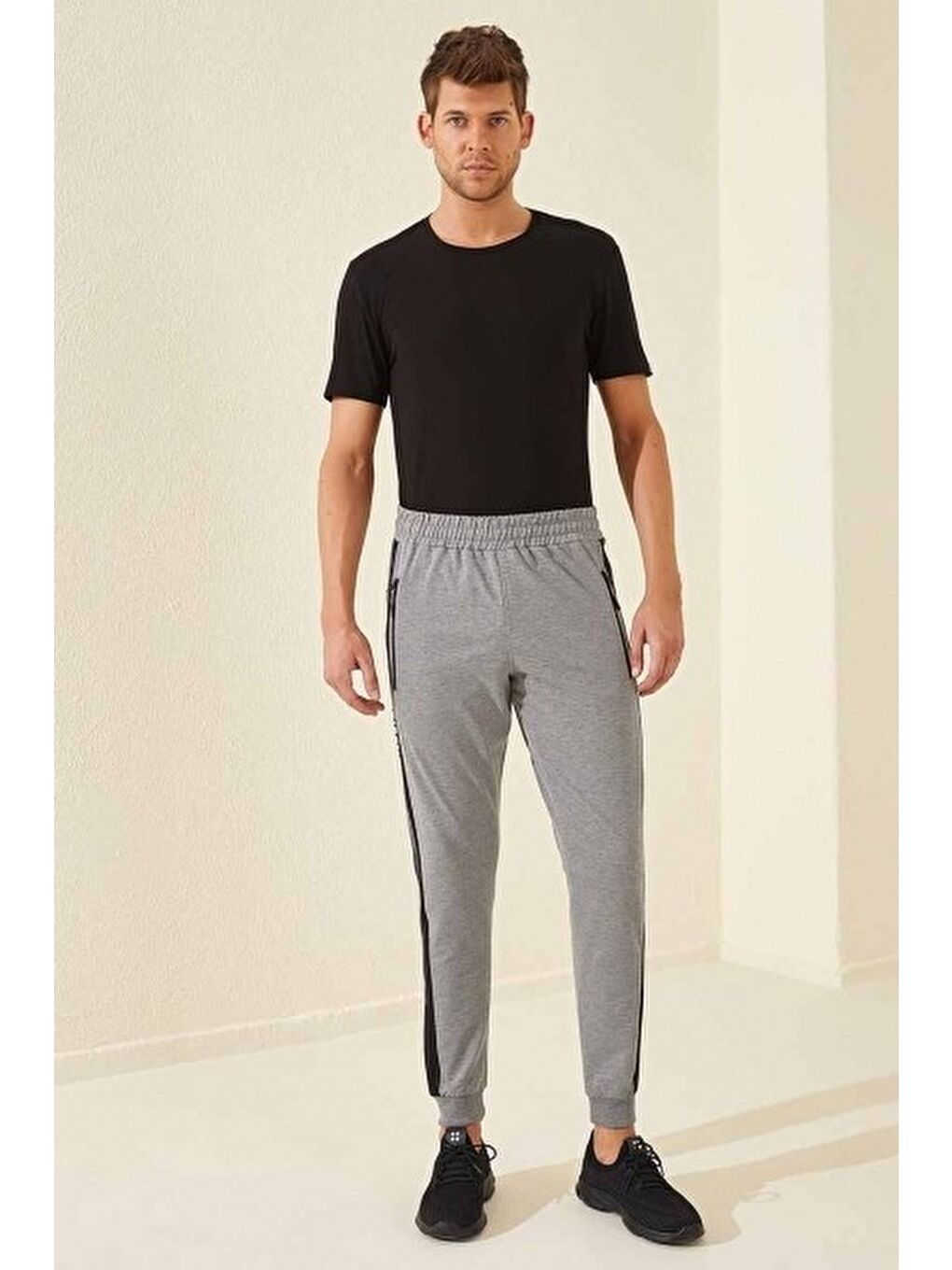 Gri Melanj Fermuar Cepli Baskılı Standart Kalıp Erkek Jogger Eşofman Altı- 84657-4