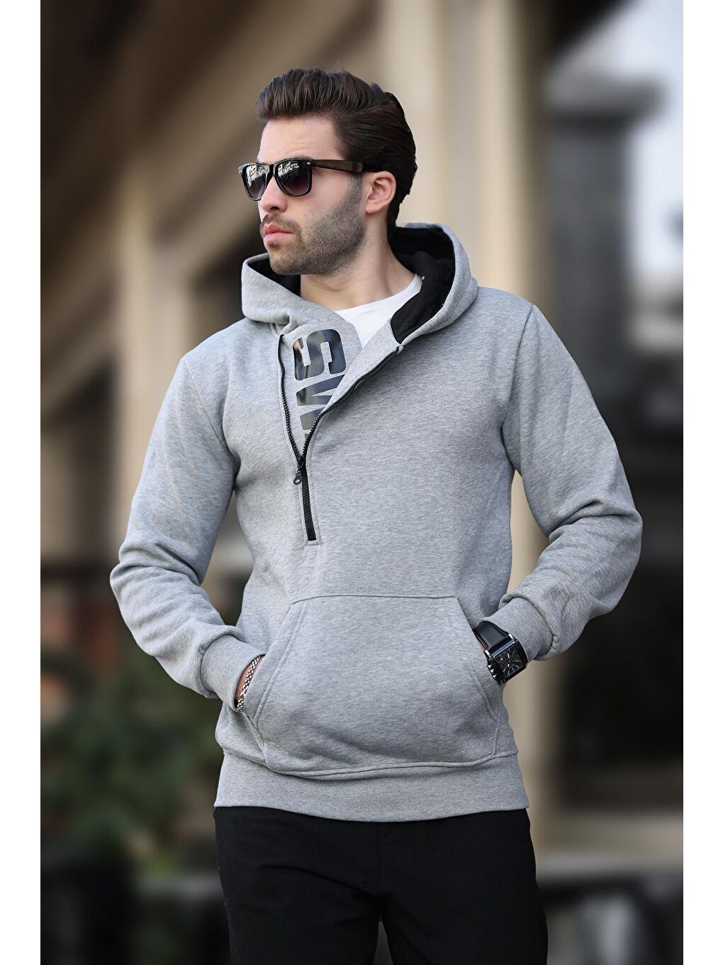 Gri Fermuar Detaylı Kapüşonlu Erkek Hoodie 1767-1
