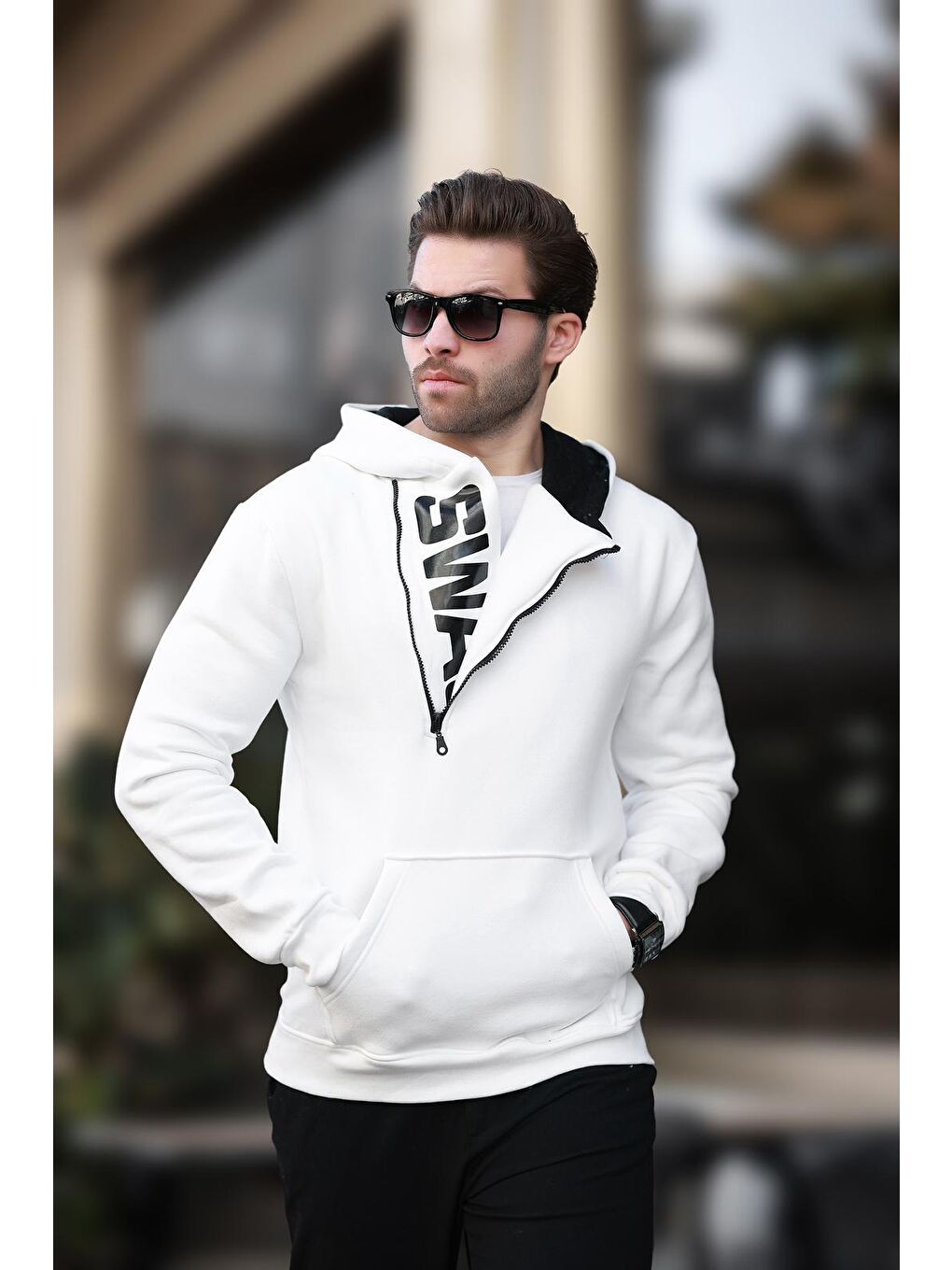 Beyaz Fermuar Detaylı Kapüşonlu Erkek Hoodie 1767