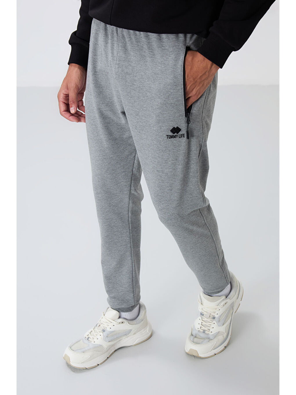 Gri Melanj Fermuar Cepli Standart Kalıp Erkek Jogger Eşofman Altı- 84651-2