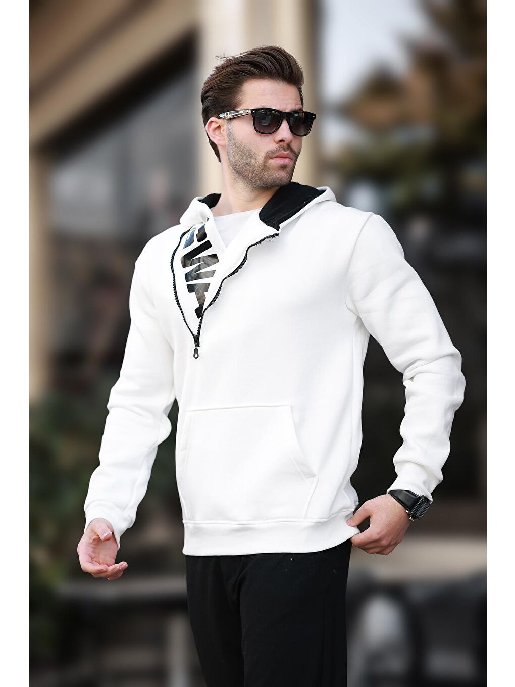 Beyaz Fermuar Detaylı Kapüşonlu Erkek Hoodie 1767-1