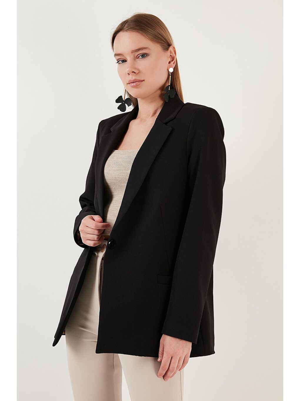 Siyah Mono Yaka Rahat Kesim Astarı Leopar Desenli Klasik Ceket 6524002-1