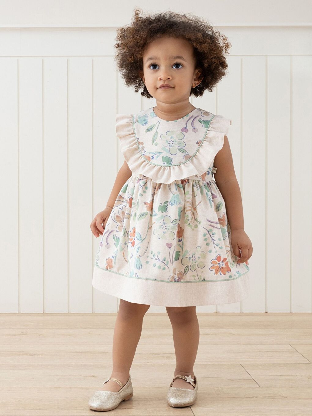 Yeşil Bisiklet Yaka Kısa Kollu Çiçek Desenli Kız Bebek Elbise