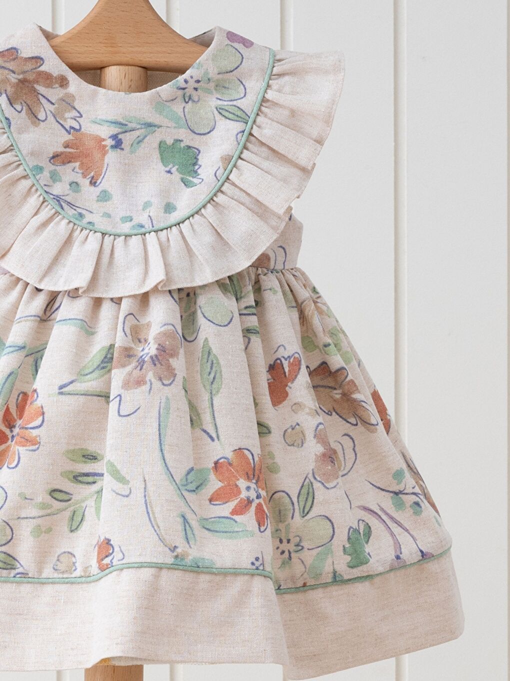 Yeşil Bisiklet Yaka Kısa Kollu Çiçek Desenli Kız Bebek Elbise-1