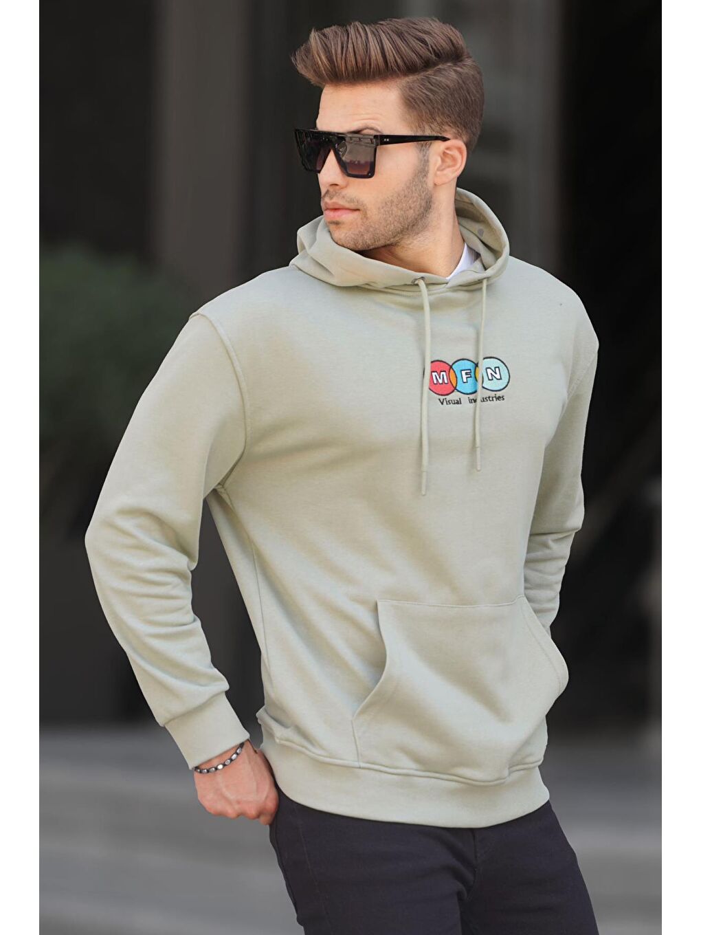 Madmext Nane Yeşili Mint Yeşili Kapüşonlu Nakışlı Erkek Sweatshirt 6145