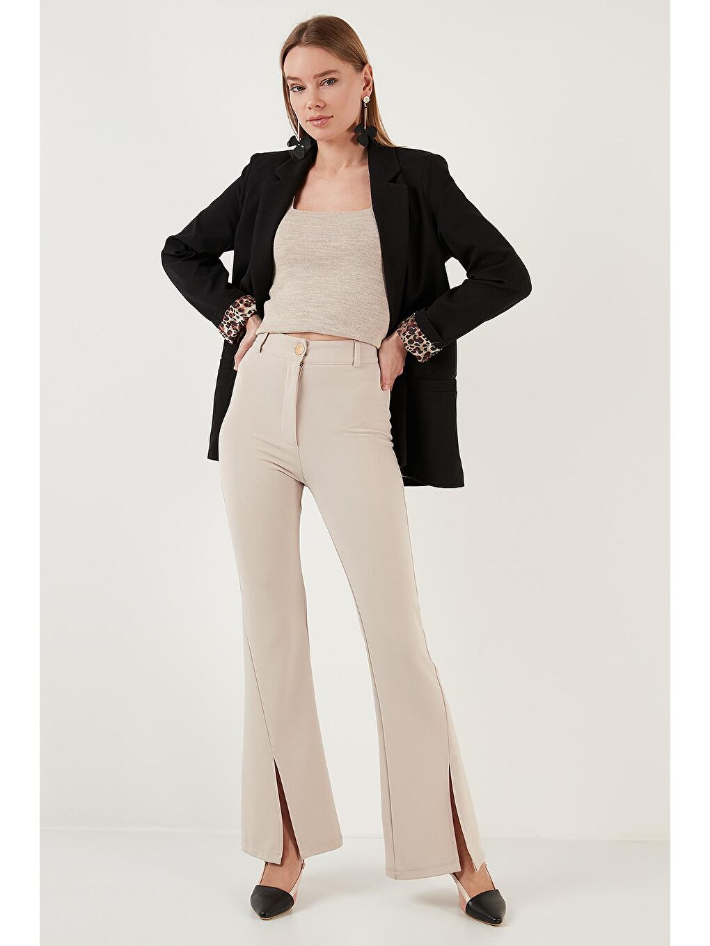 Siyah Mono Yaka Rahat Kesim Astarı Leopar Desenli Klasik Ceket 6524002-2