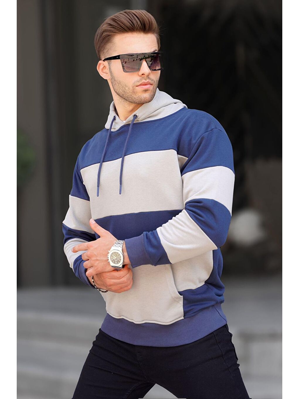 Lacivert Kapüşonlu Çizgili  Erkek Hoodie 6144