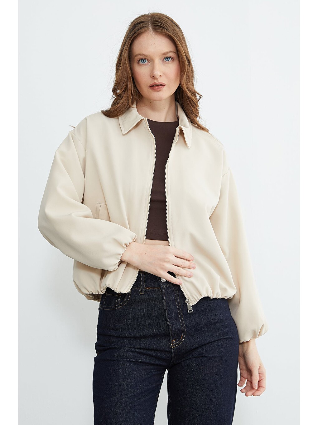Bej Fermuarlı Polo Yaka Bomber Ceket-1