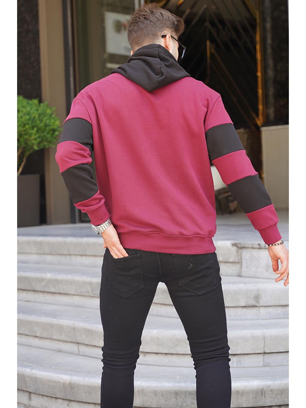 Madmext Bordo Kapüşonlu Çizgili Erkek Sweatshirt 6144 - 1