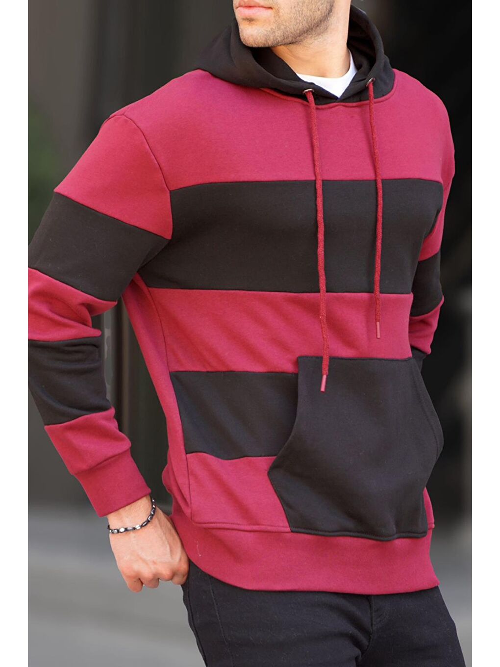 Madmext Bordo Kapüşonlu Çizgili Erkek Sweatshirt 6144 - 2